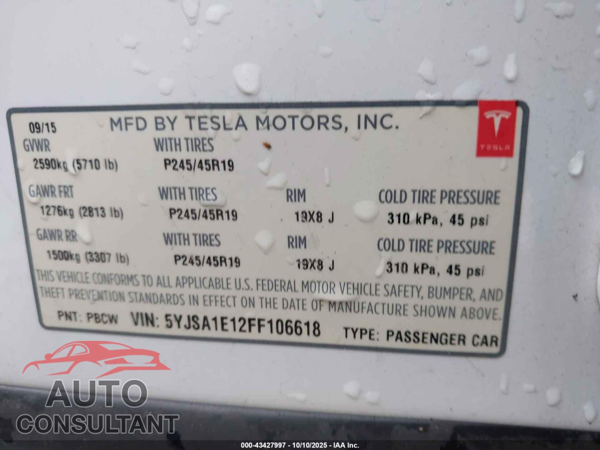 TESLA MODEL S 2015 - 5YJSA1E12FF106618