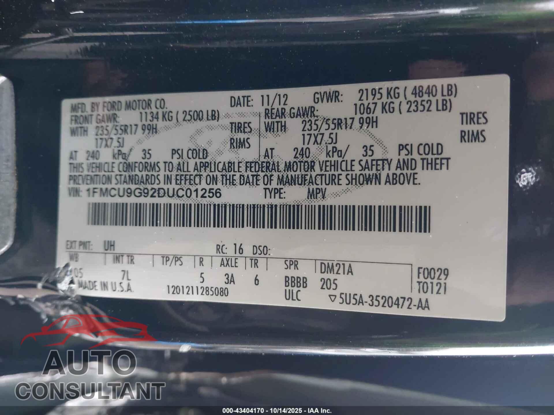FORD ESCAPE 2013 - 1FMCU9G92DUC01256