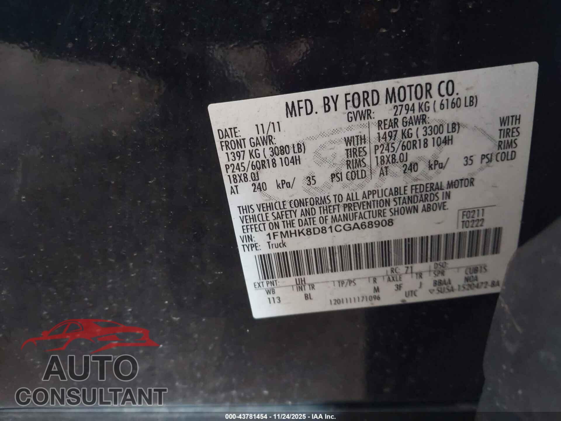 FORD EXPLORER 2012 - 1FMHK8D81CGA68908