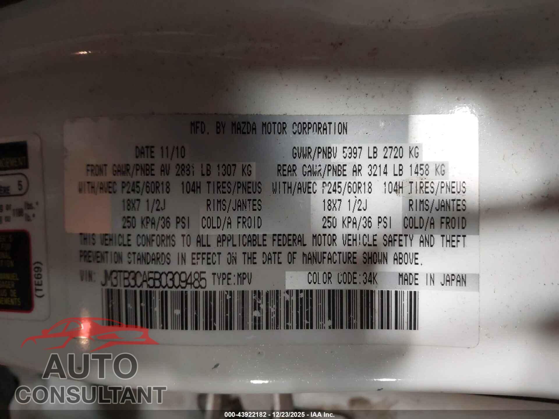 MAZDA CX-9 2011 - JM3TB3CA5B0309485