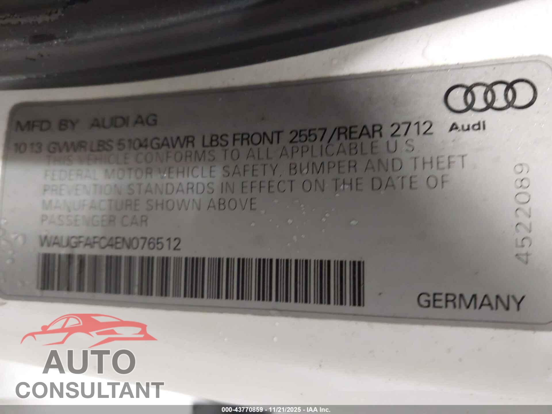 AUDI A6 2014 - WAUGFAFC4EN076512