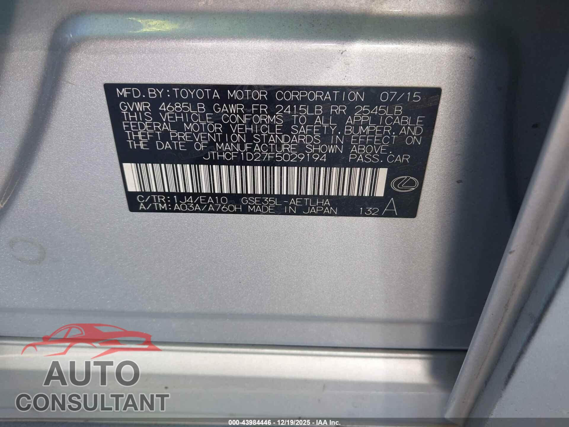 LEXUS IS 250 2015 - JTHCF1D27F5029194