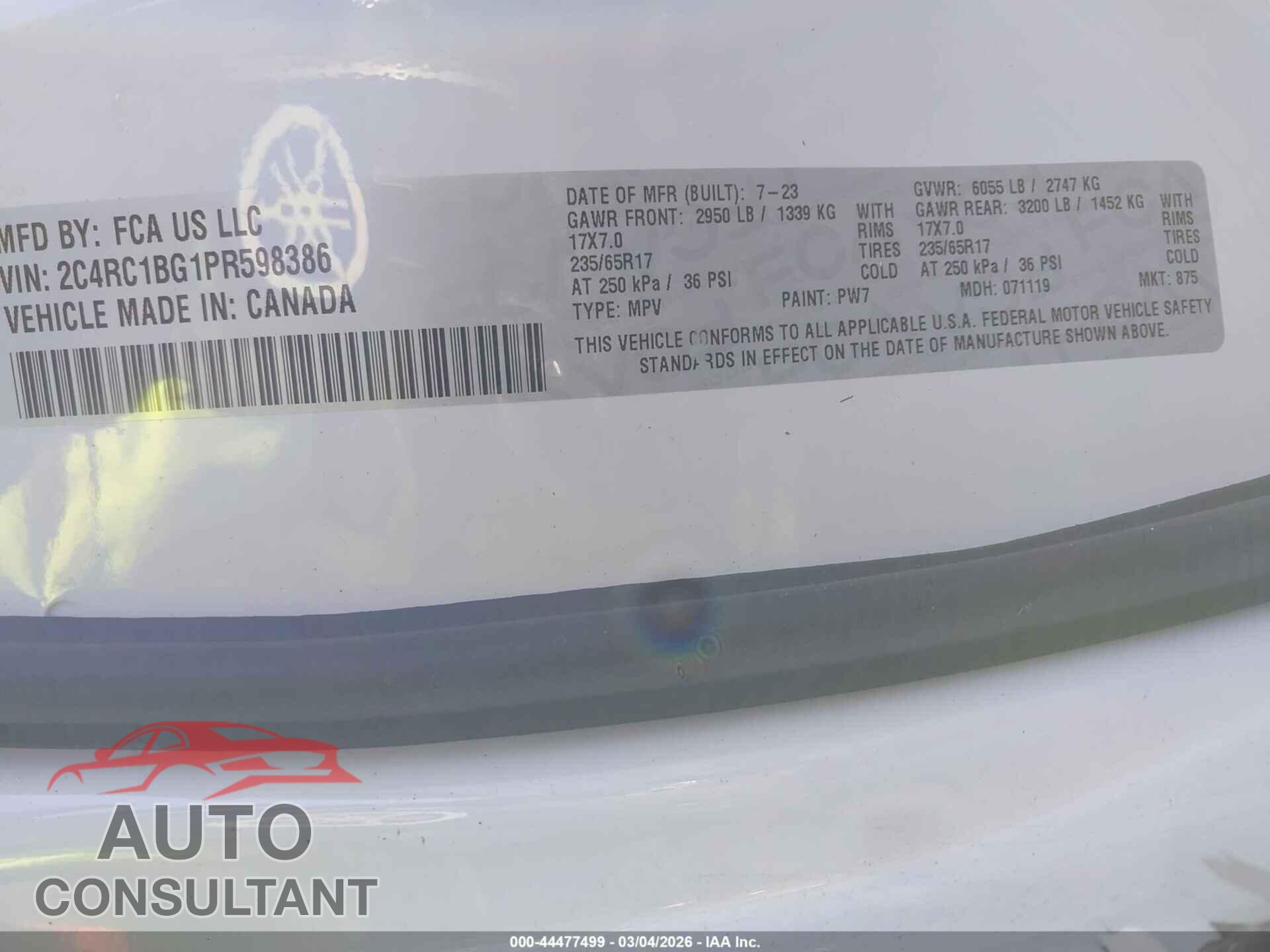 CHRYSLER PACIFICA 2023 - 2C4RC1BG1PR598386