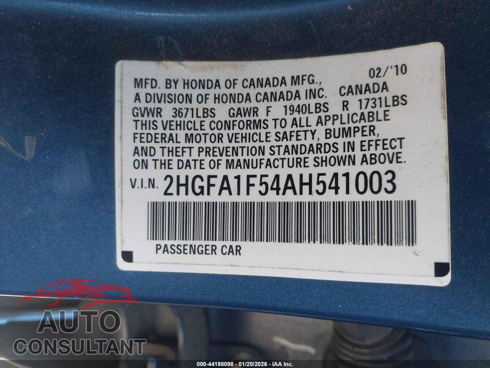 HONDA CIVIC 2010 - 2HGFA1F54AH541003