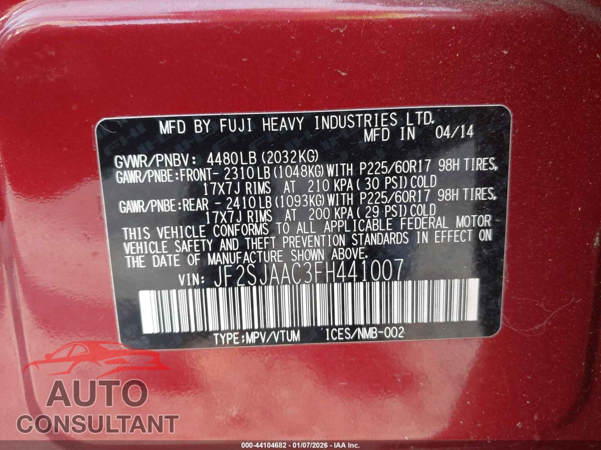 SUBARU FORESTER 2015 - JF2SJAAC3FH441007