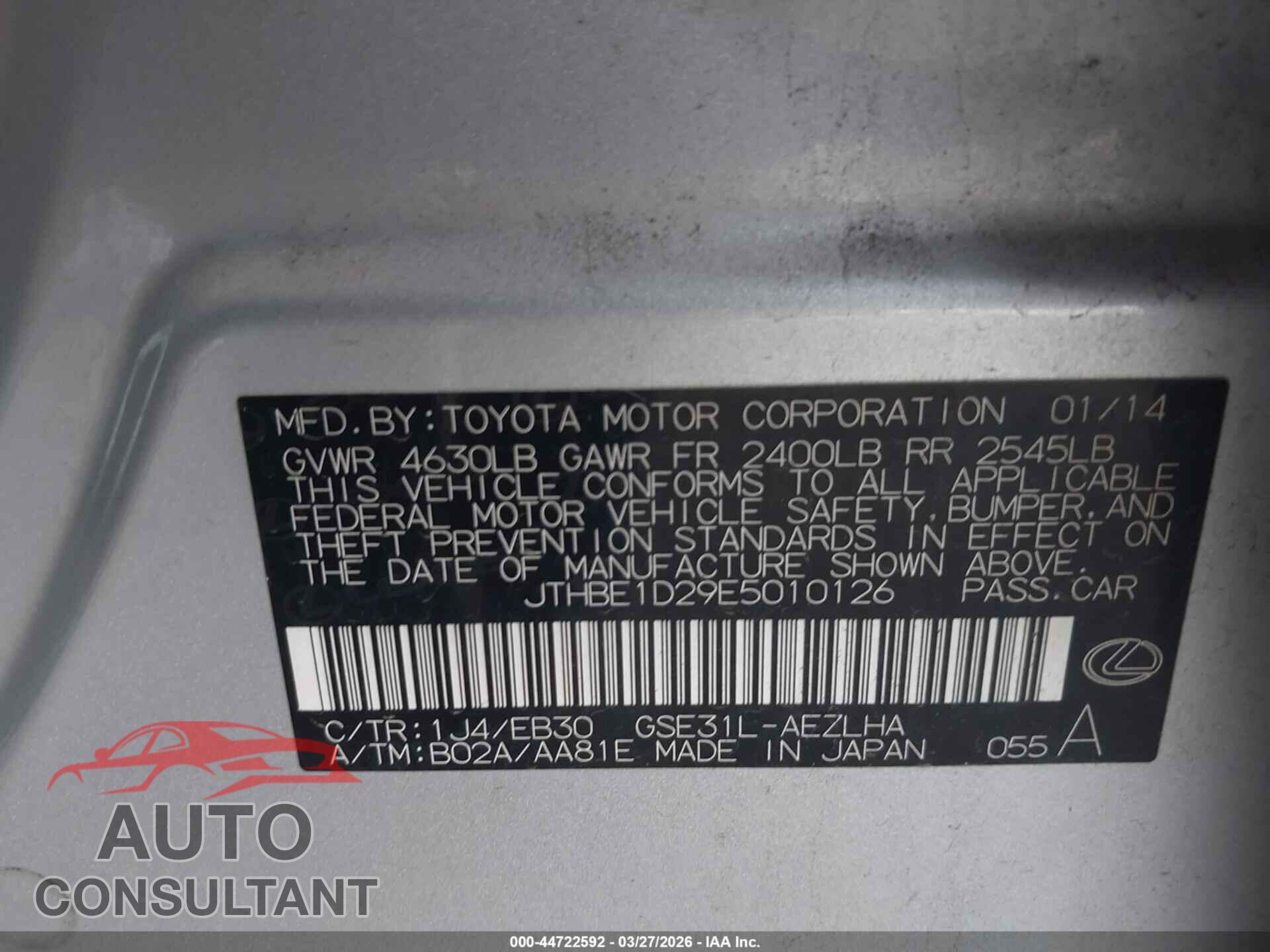 LEXUS IS 350 2014 - JTHBE1D29E5010126