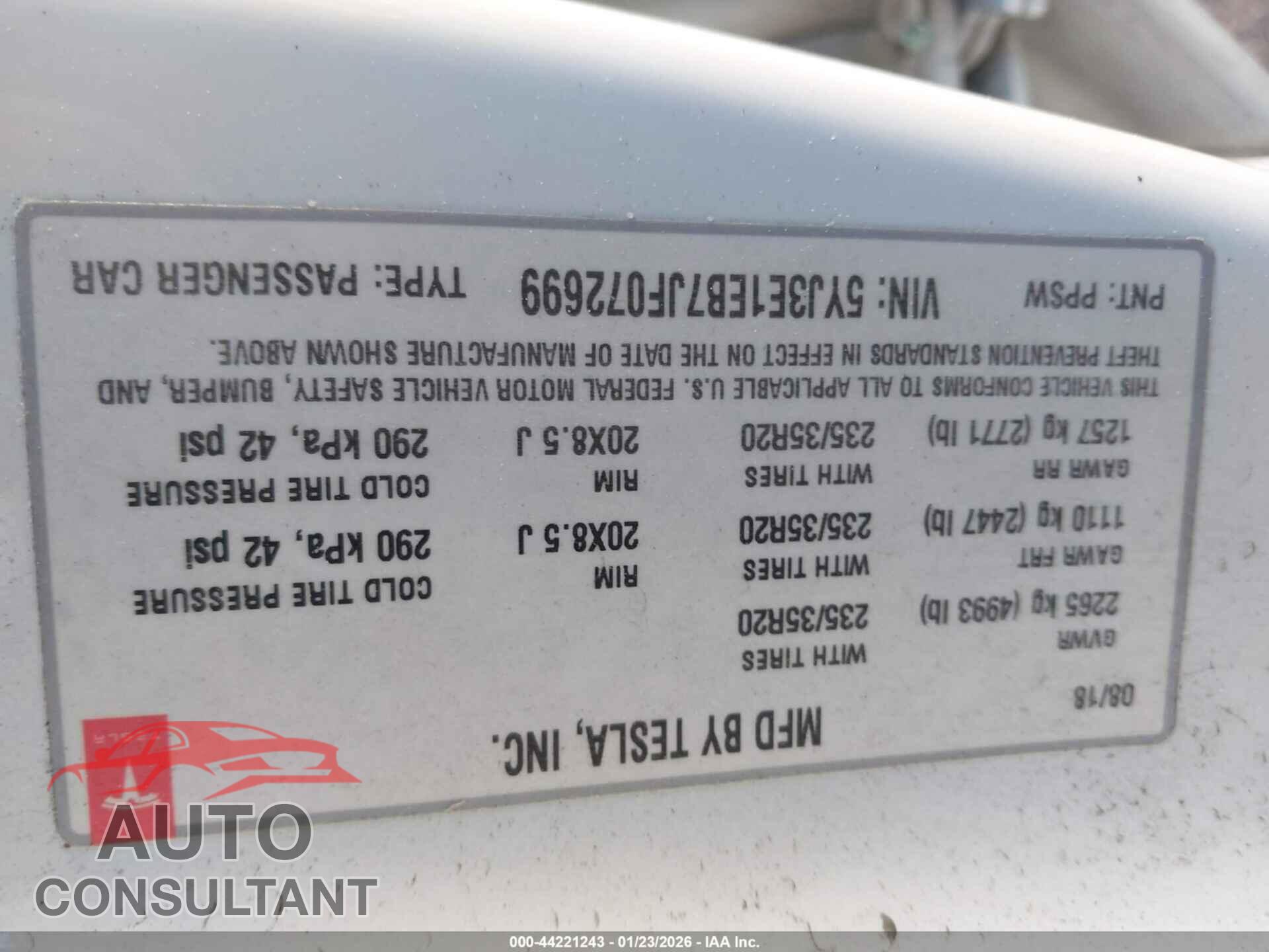 TESLA MODEL 3 2018 - 5YJ3E1EB7JF072699