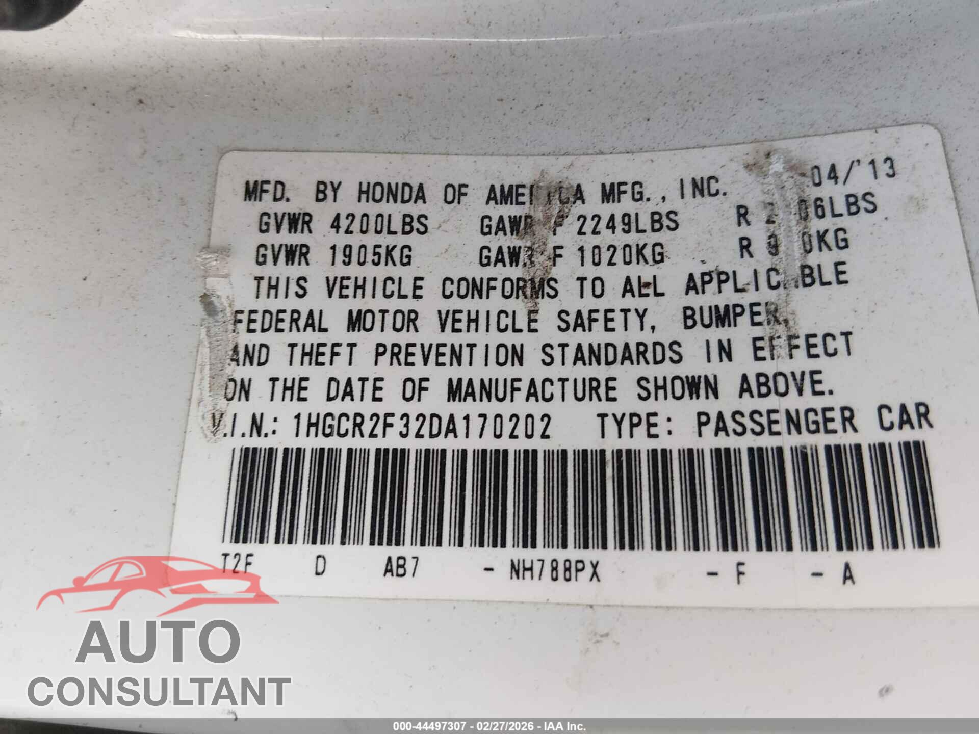 HONDA ACCORD 2013 - 1HGCR2F32DA170202