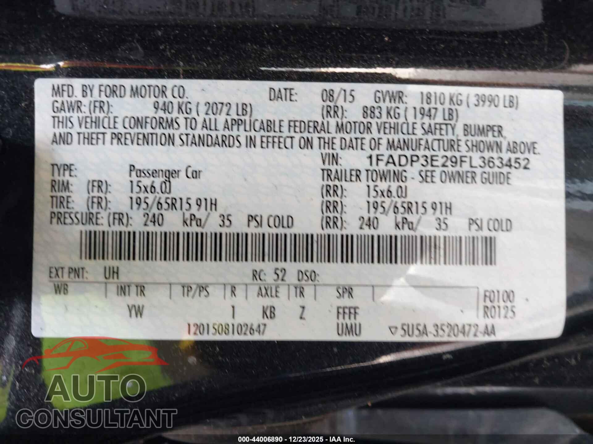 FORD FOCUS 2015 - 1FADP3E29FL363452