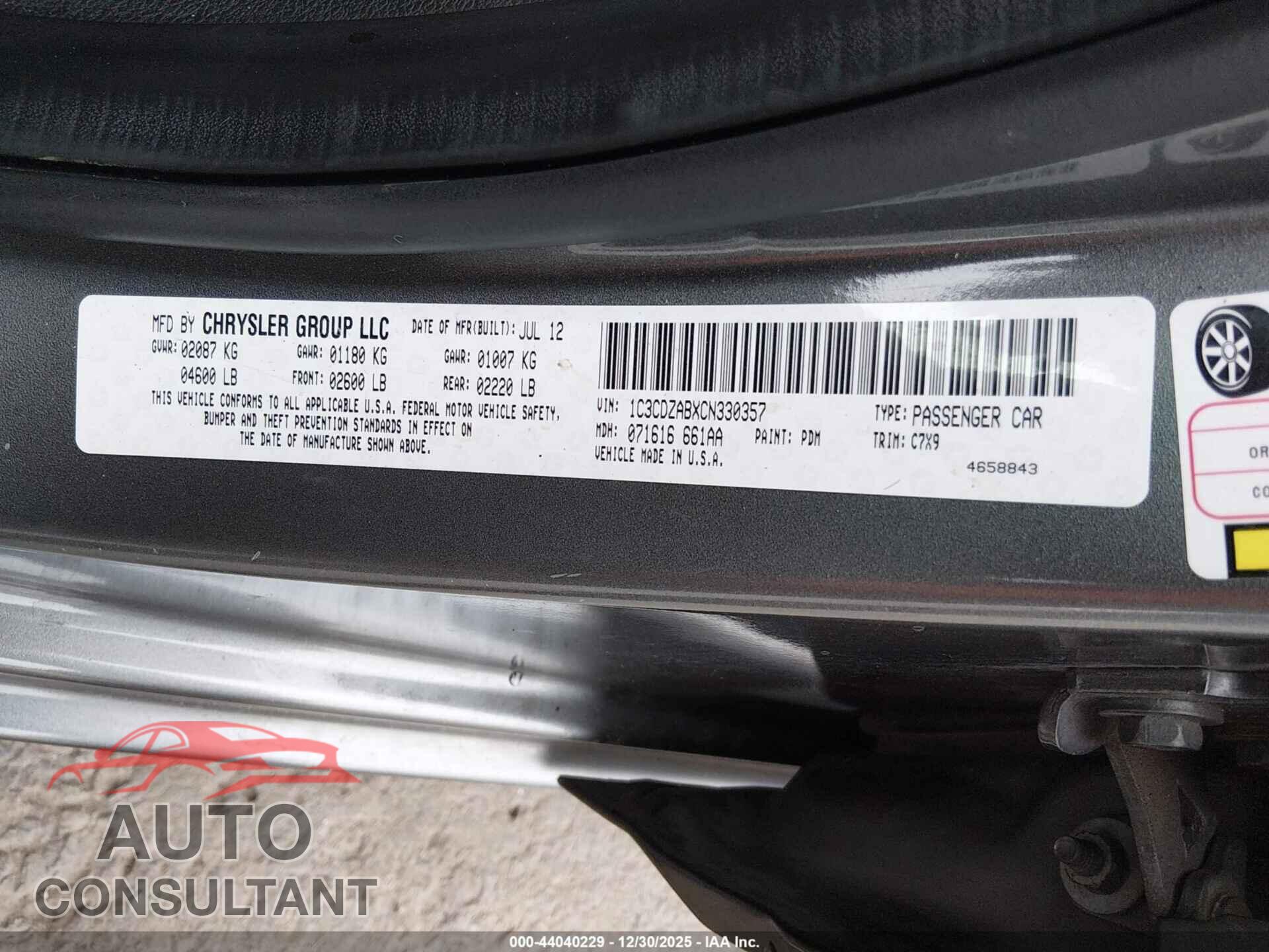 DODGE AVENGER 2012 - 1C3CDZABXCN330357