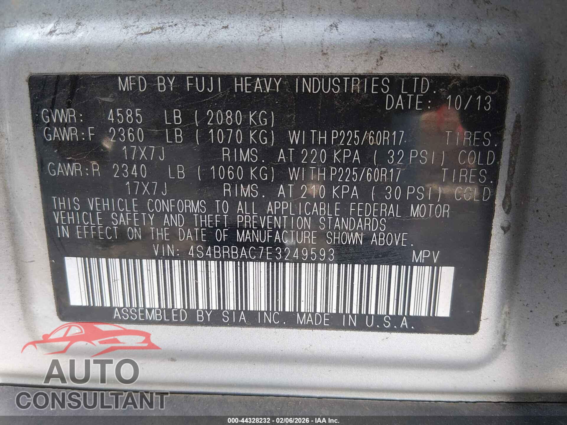 SUBARU OUTBACK 2014 - 4S4BRBAC7E3249593