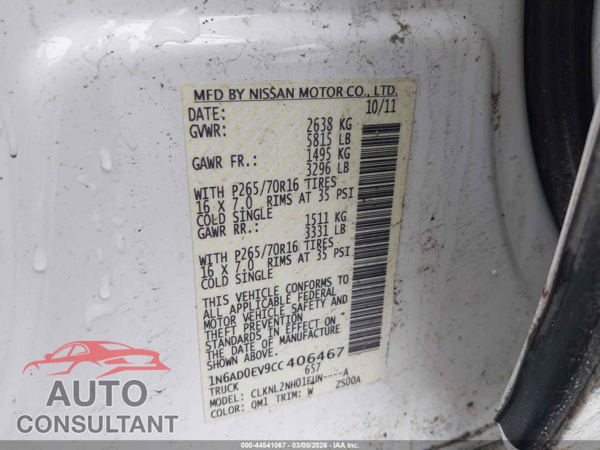 NISSAN FRONTIER 2012 - 1N6AD0EV9CC406467