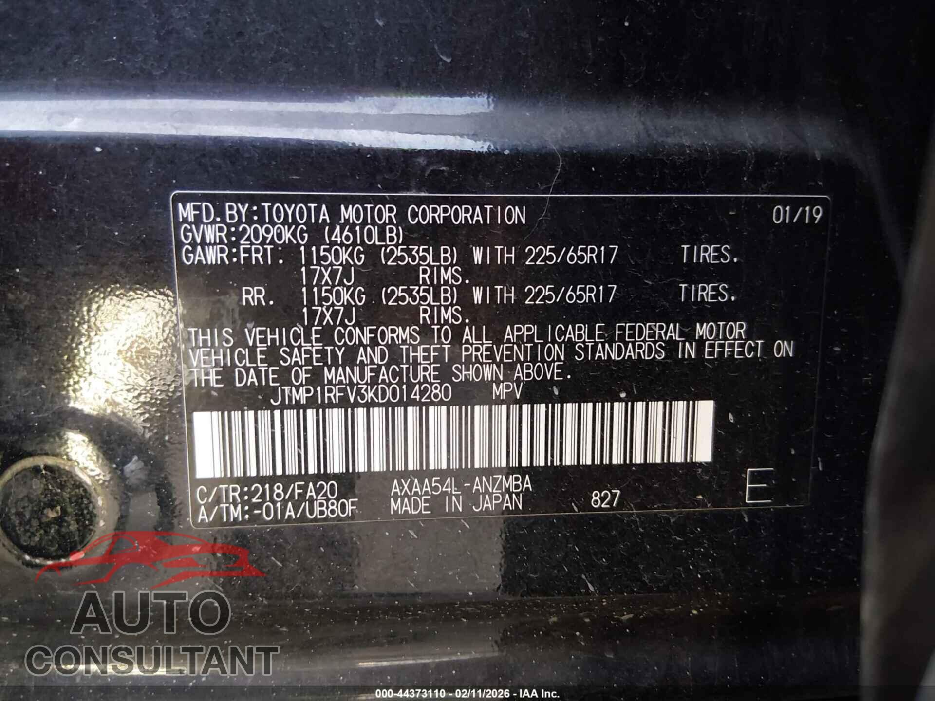 TOYOTA RAV4 2019 - JTMP1RFV3KD014280