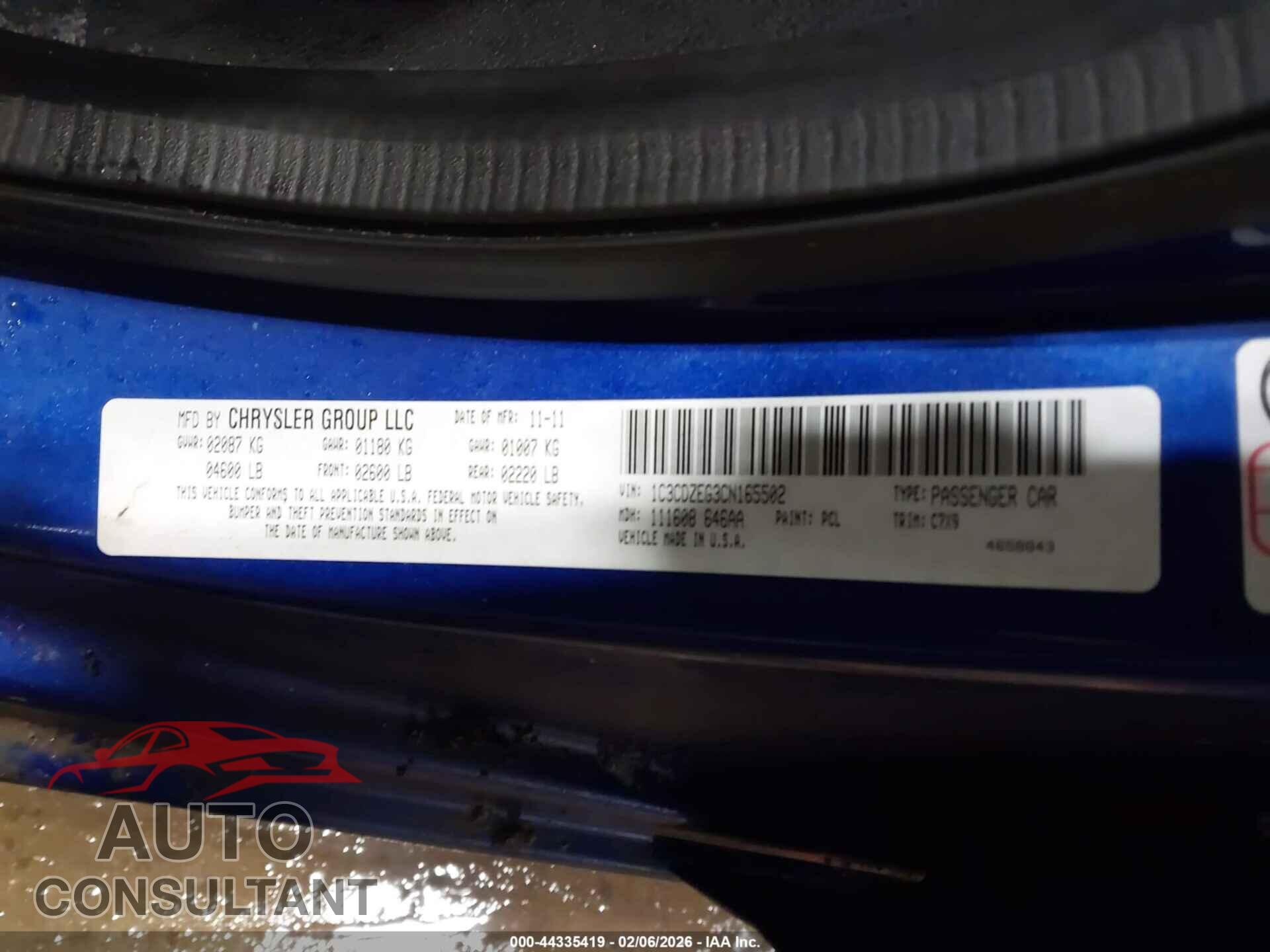 DODGE AVENGER 2012 - 1C3CDZEG3CN165502