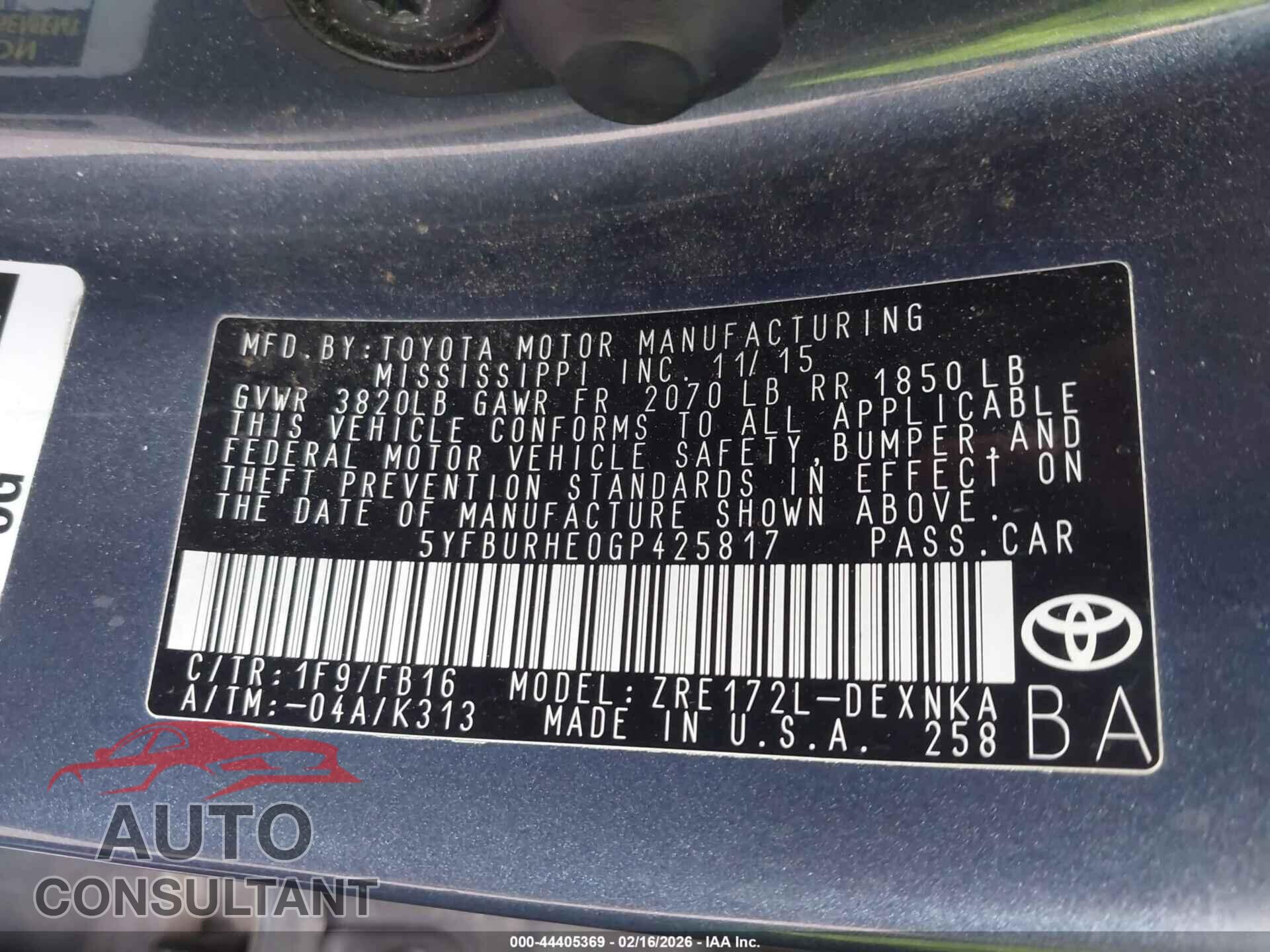 TOYOTA COROLLA 2016 - 5YFBURHE0GP425817