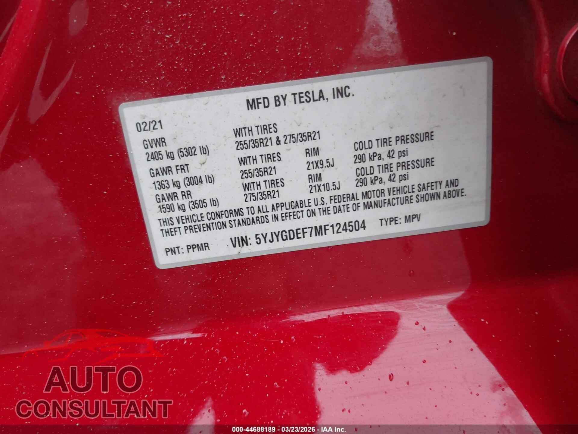 TESLA MODEL Y 2021 - 5YJYGDEF7MF124504