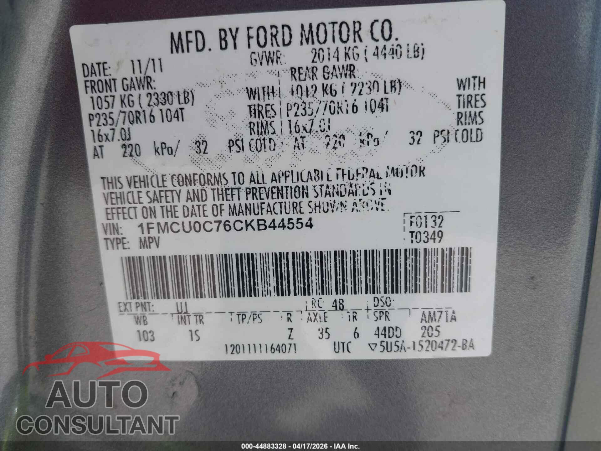 FORD ESCAPE 2012 - 1FMCU0C76CKB44554