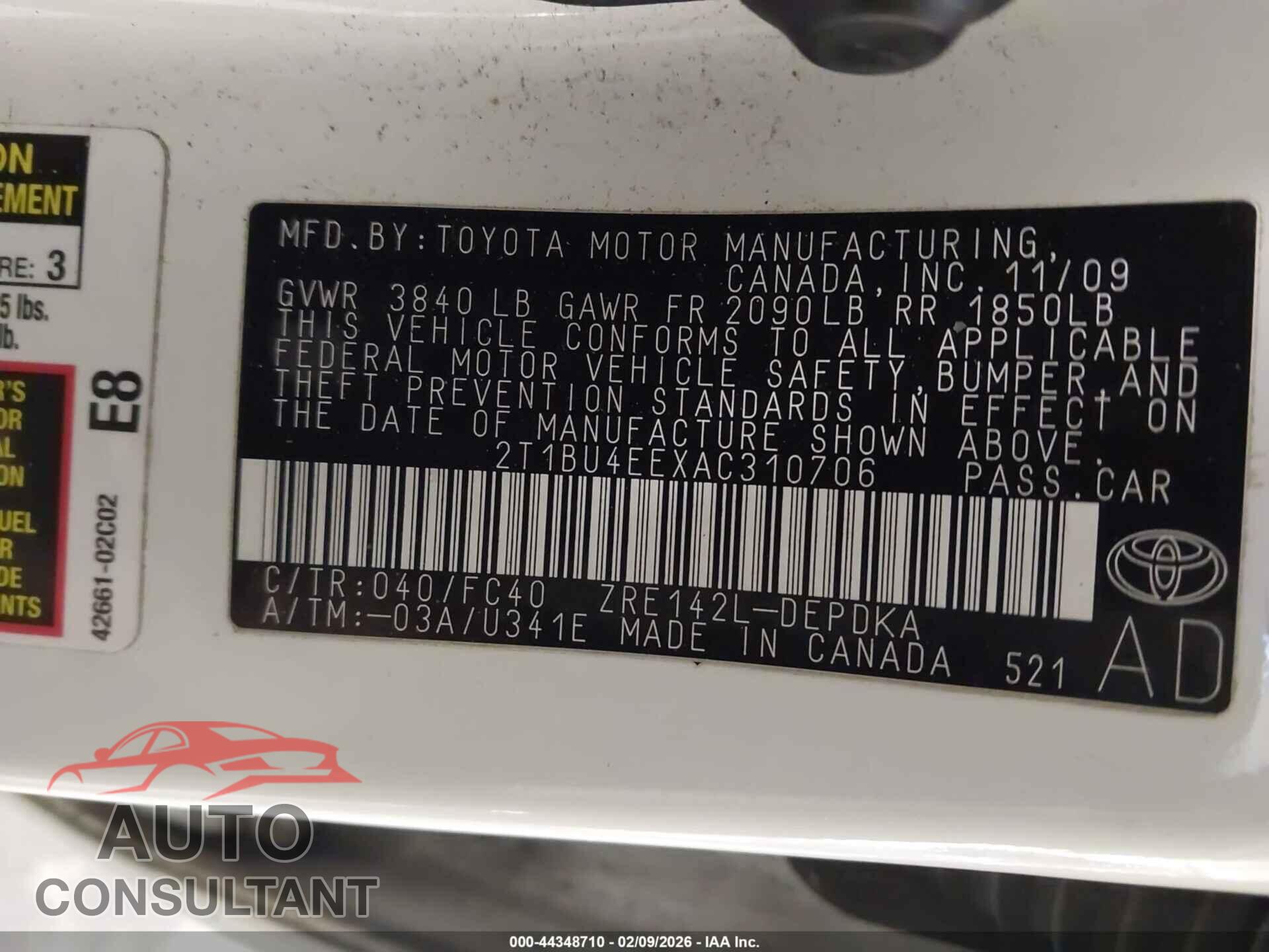 TOYOTA COROLLA 2010 - 2T1BU4EEXAC310706