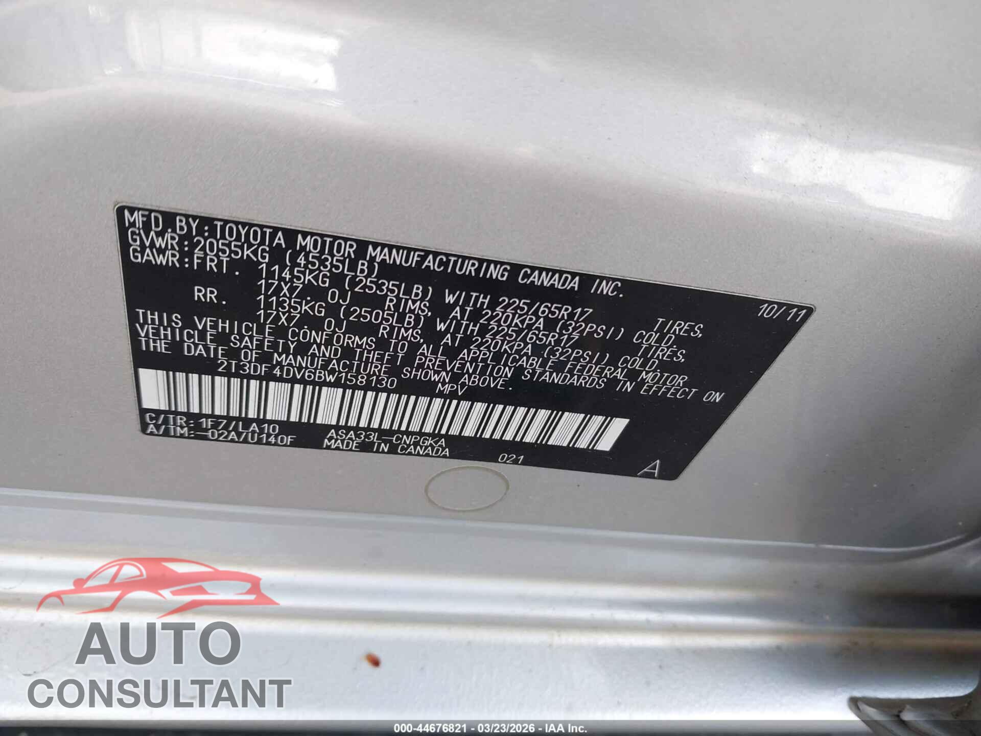TOYOTA RAV4 2011 - 2T3DF4DV6BW158130