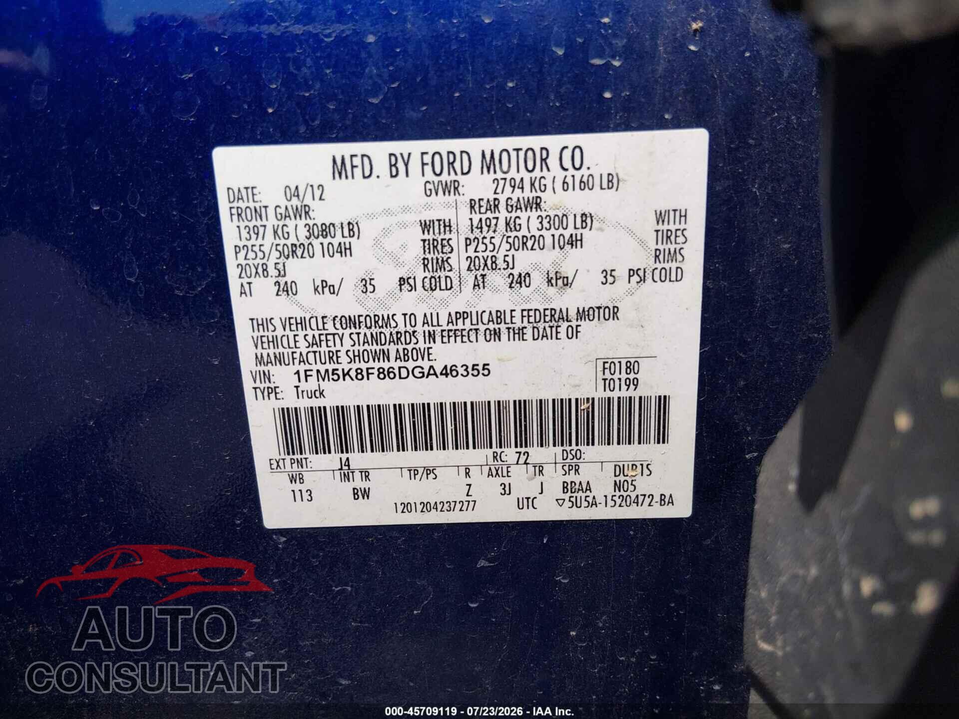 FORD EXPLORER 2013 - 1FM5K8F86DGA46355