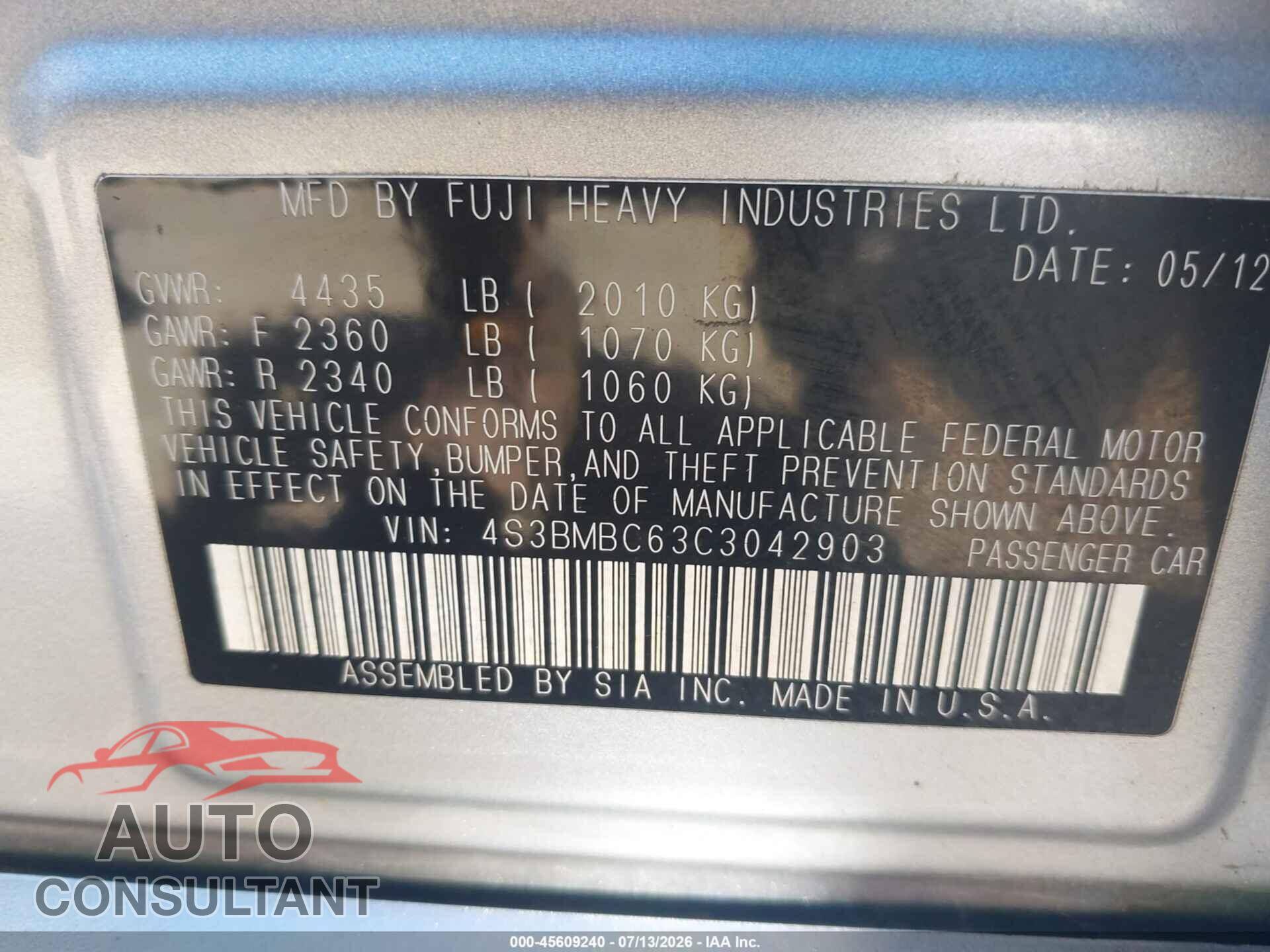 SUBARU LEGACY 2012 - 4S3BMBC63C3042903