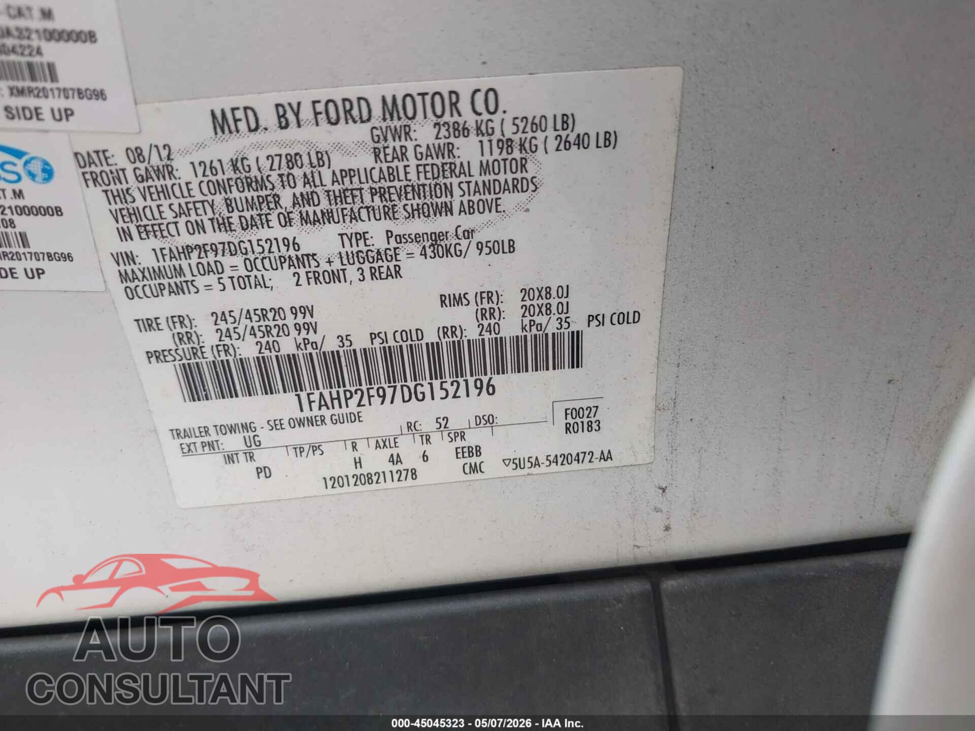 FORD TAURUS 2013 - 1FAHP2F97DG152196