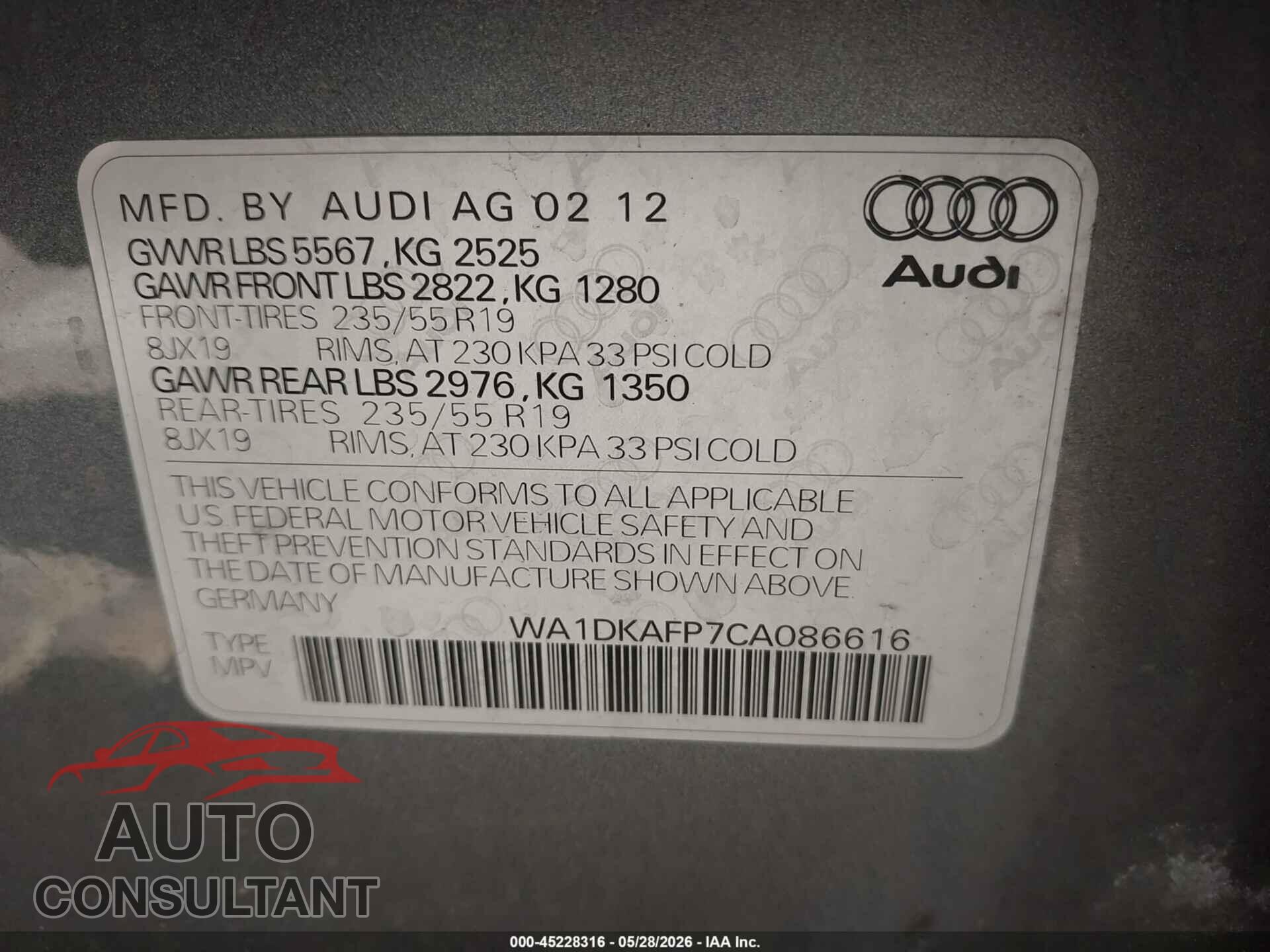 AUDI Q5 2012 - WA1DKAFP7CA086616
