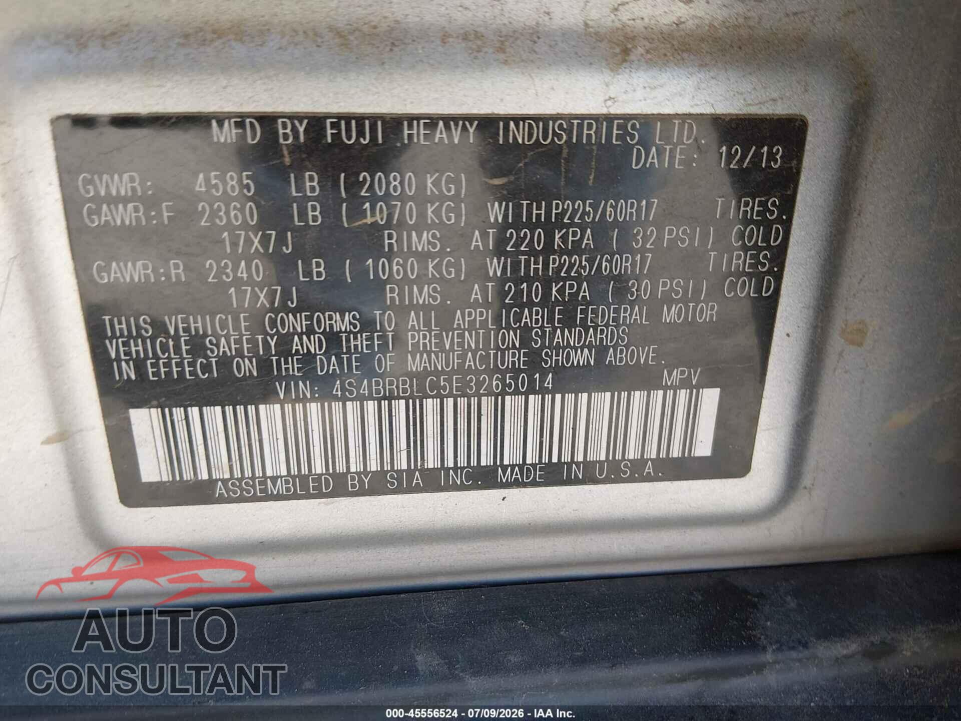 SUBARU OUTBACK 2014 - 4S4BRBLC5E3265014