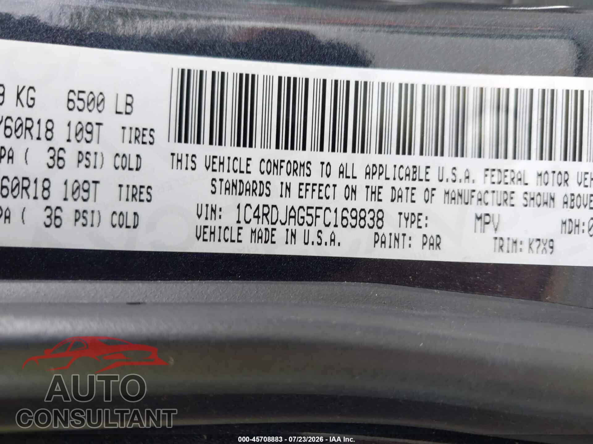 DODGE DURANGO 2015 - 1C4RDJAG5FC169838