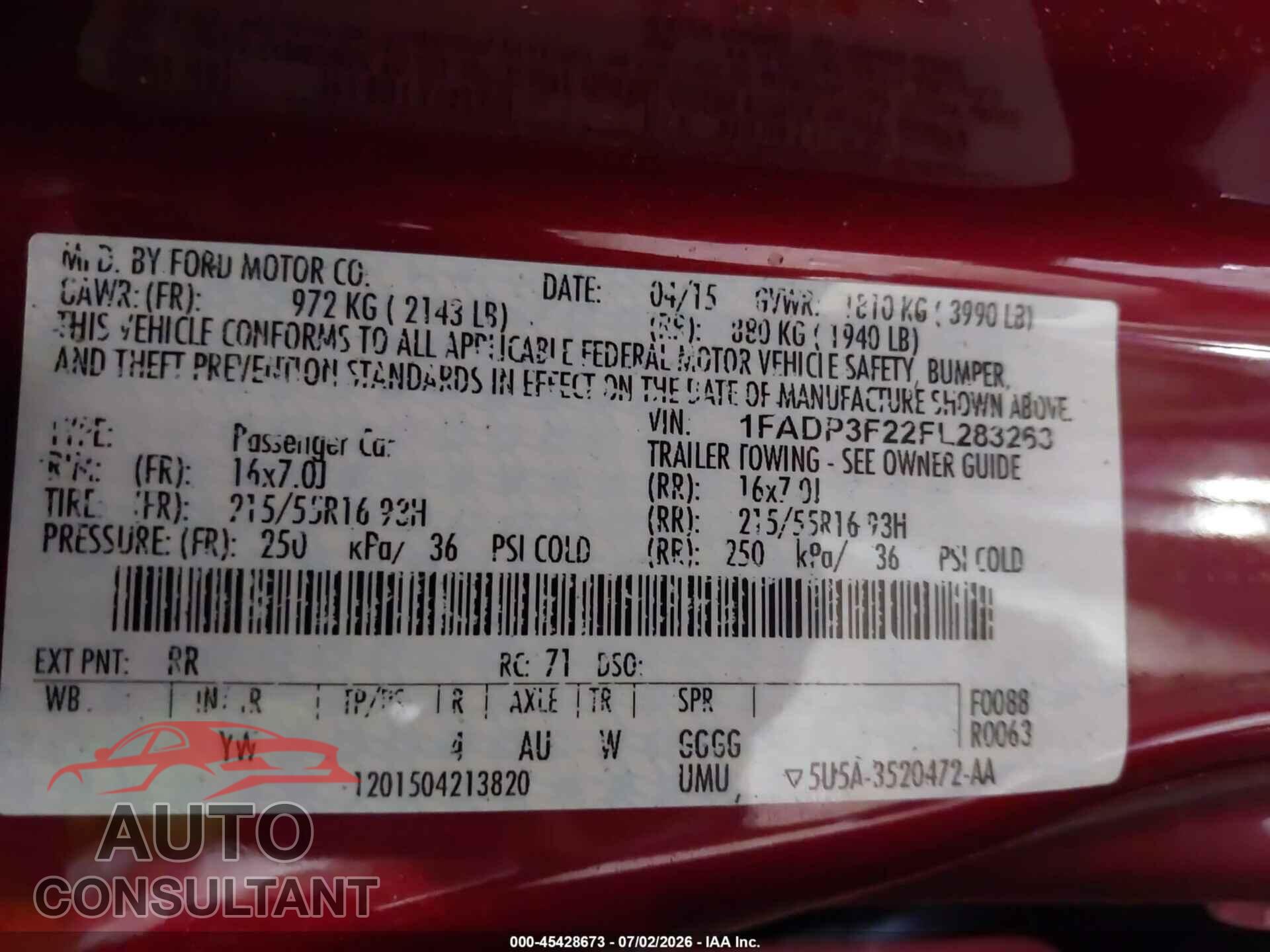 FORD FOCUS 2015 - 1FADP3F22FL283263