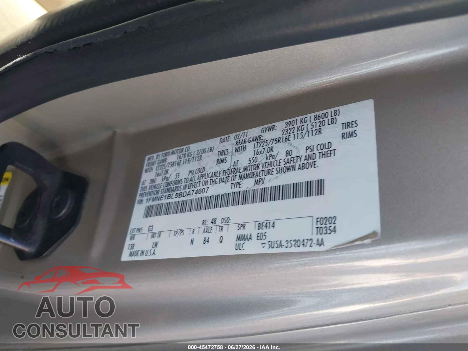 FORD E-150 2011 - 1FMNE1BL5BDA74607