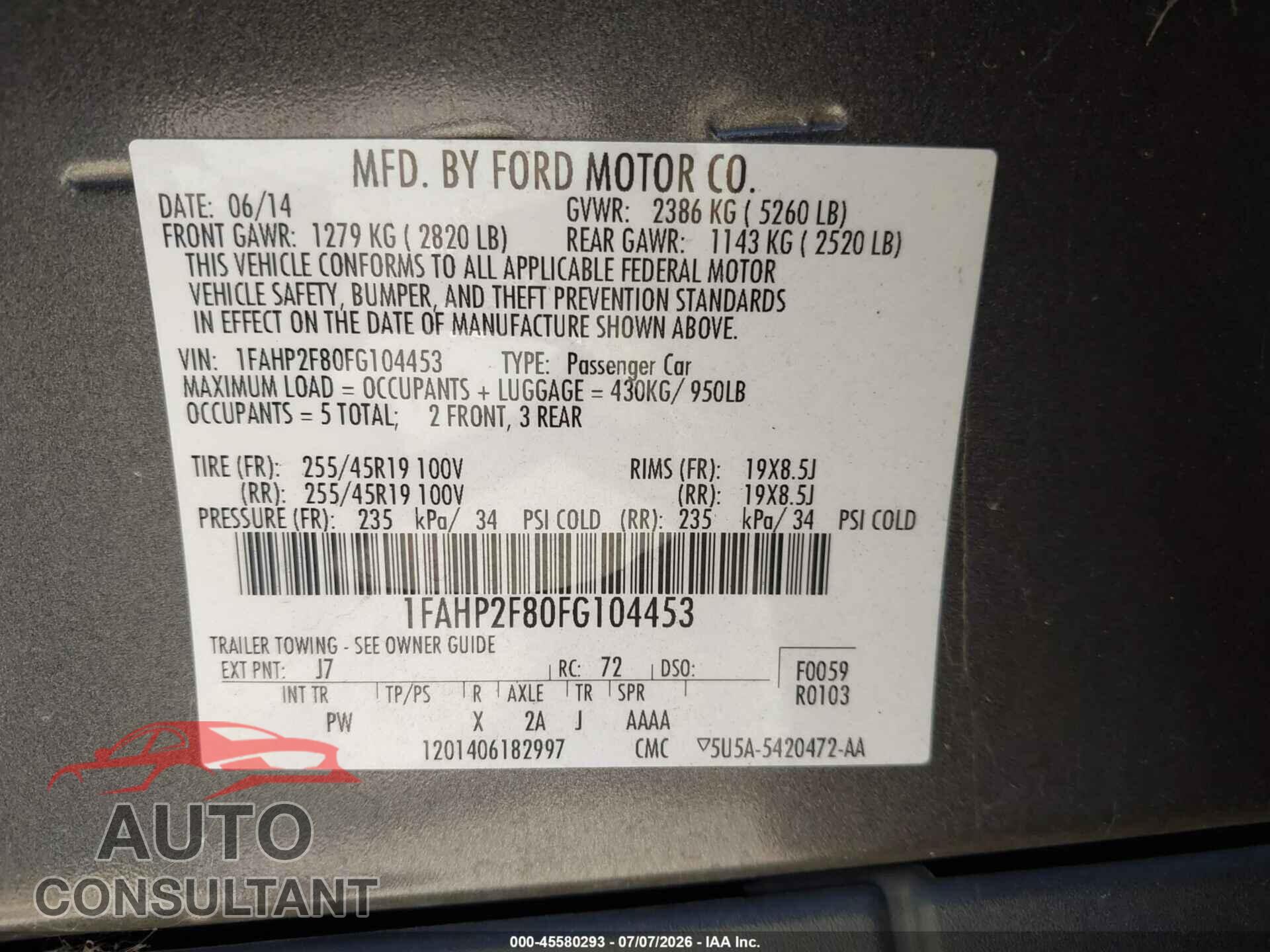 FORD TAURUS 2015 - 1FAHP2F80FG104453