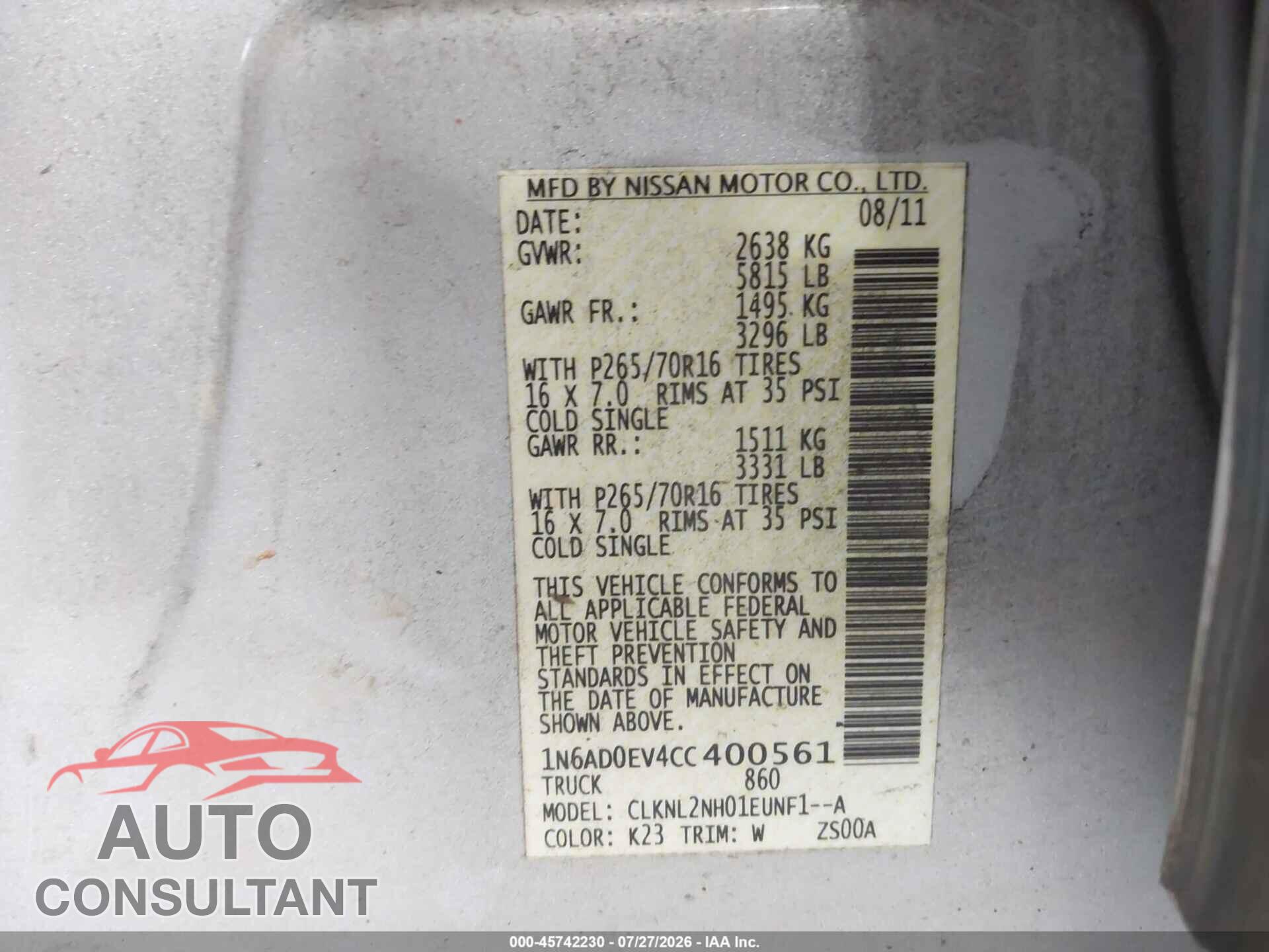 NISSAN FRONTIER 2012 - 1N6AD0EV4CC400561