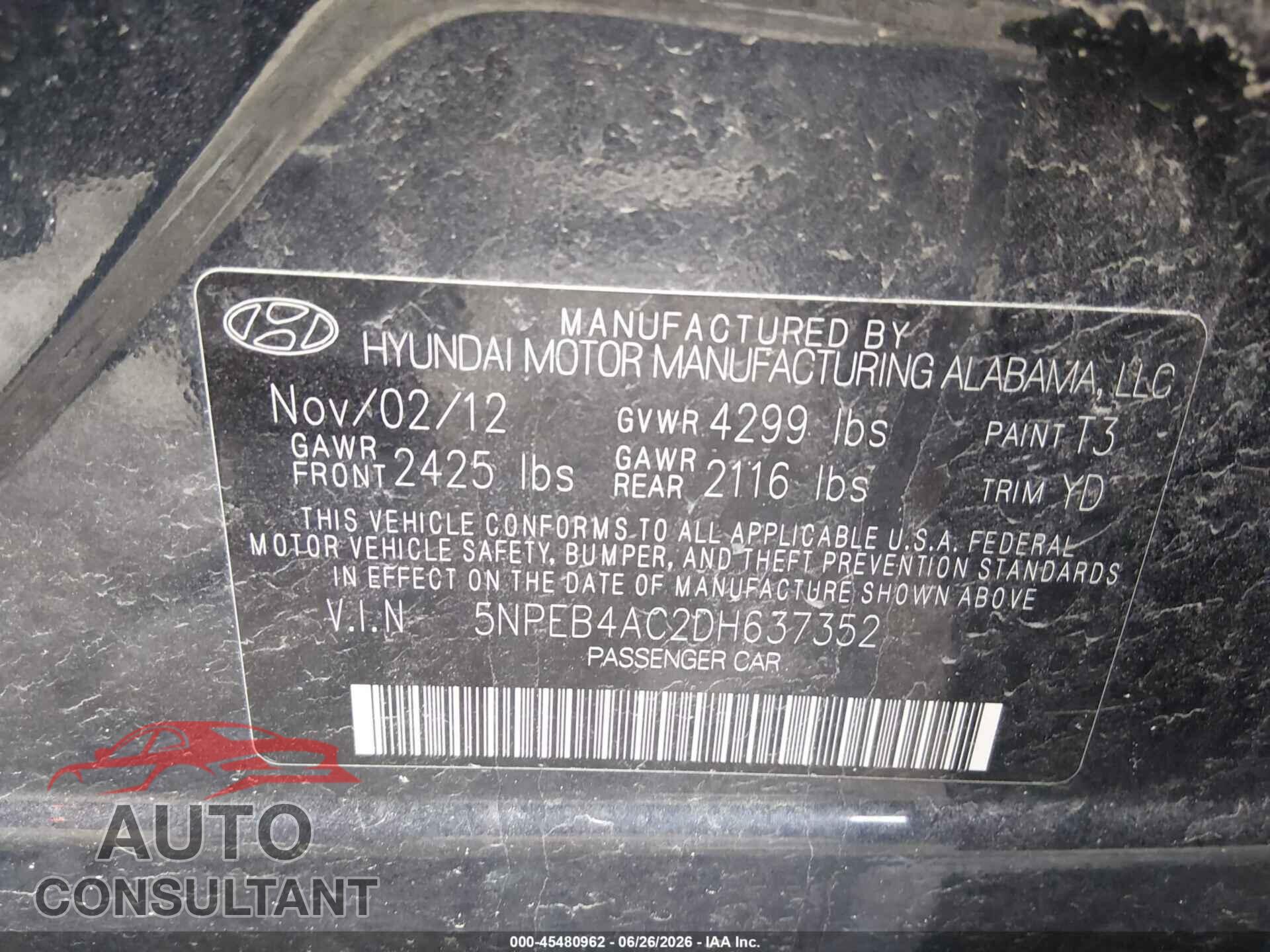 HYUNDAI SONATA 2013 - 5NPEB4AC2DH637352