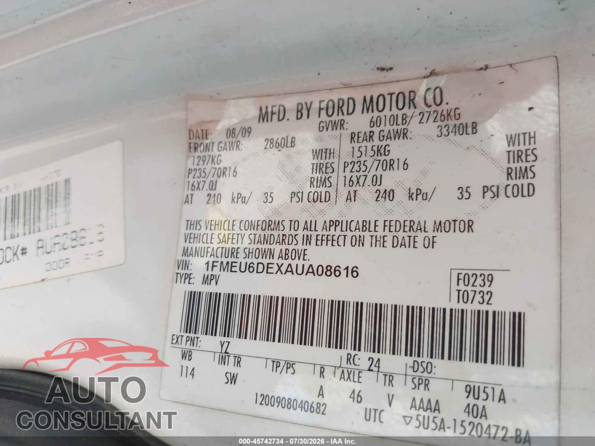 FORD EXPLORER 2010 - 1FMEU6DEXAUA08616