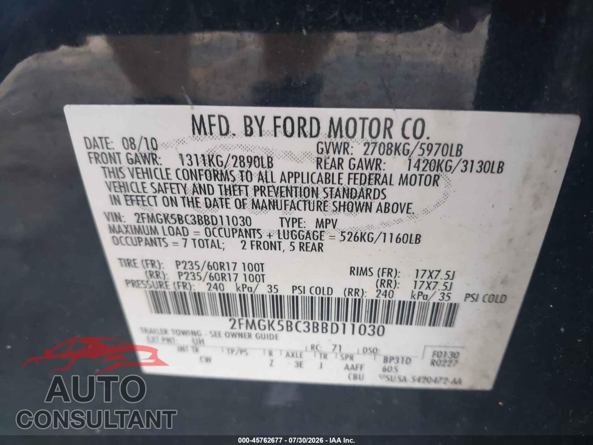 FORD FLEX 2011 - 2FMGK5BC3BBD11030
