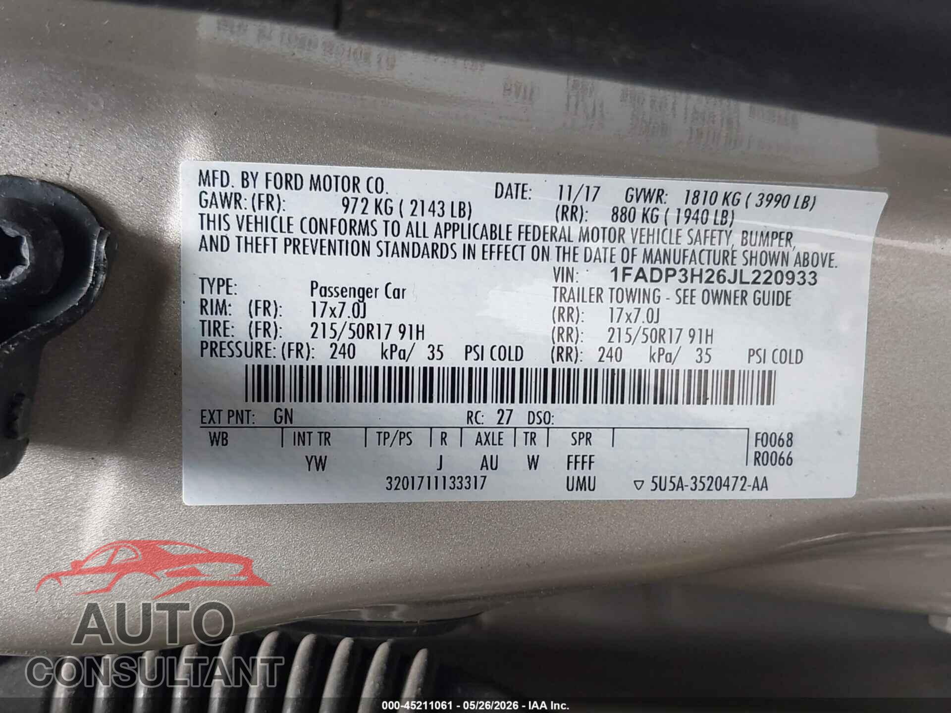 FORD FOCUS 2018 - 1FADP3H26JL220933
