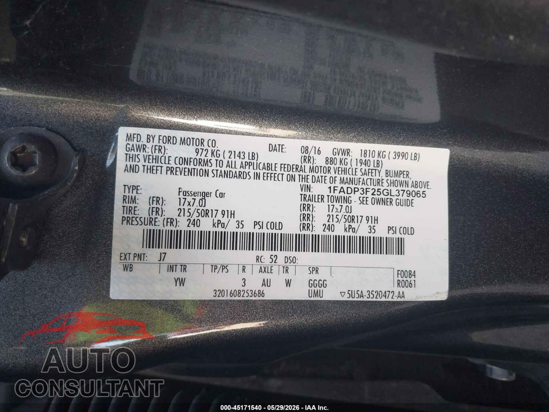FORD FOCUS 2016 - 1FADP3F25GL379065