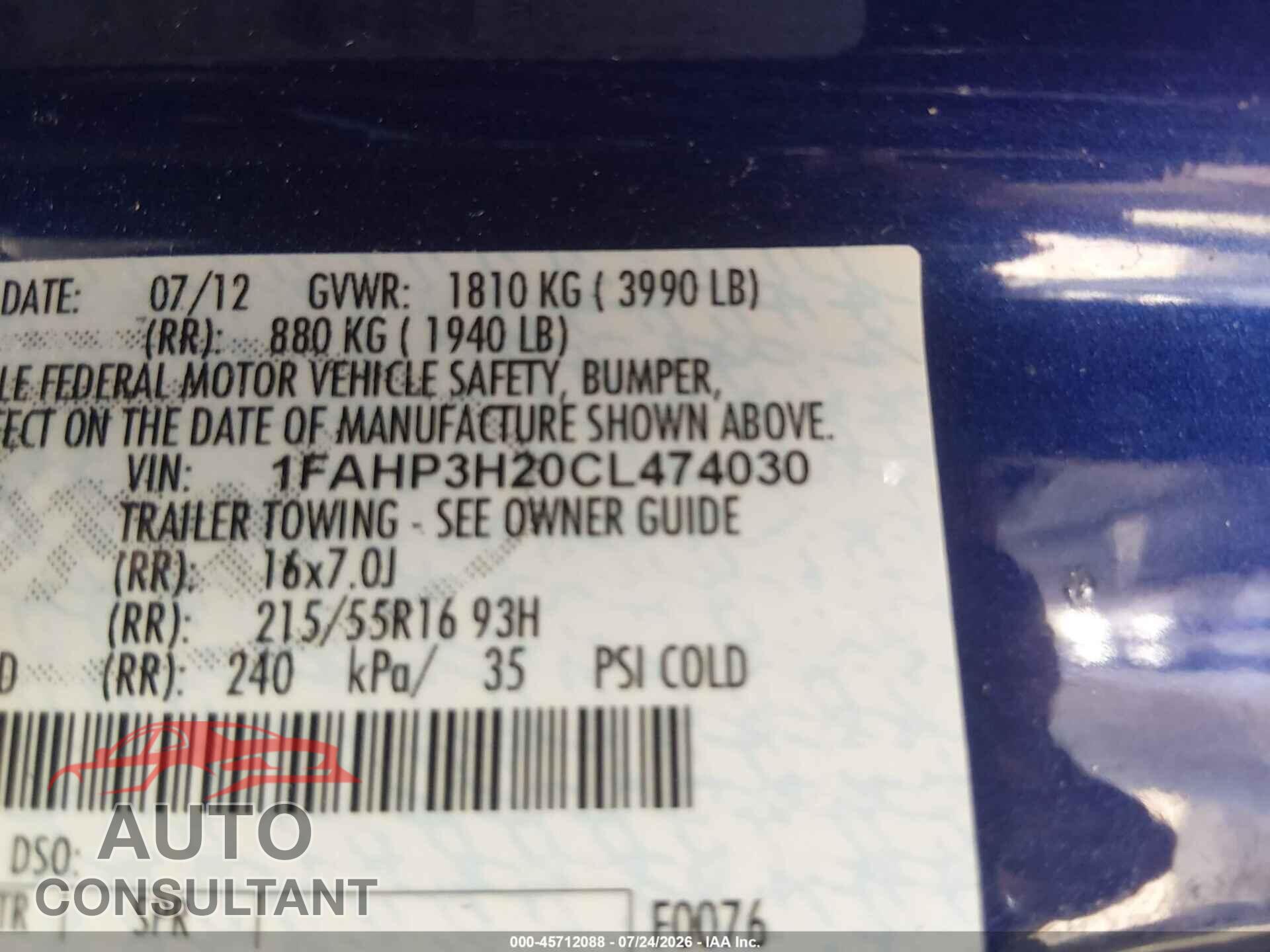FORD FOCUS 2012 - 1FAHP3H20CL474030