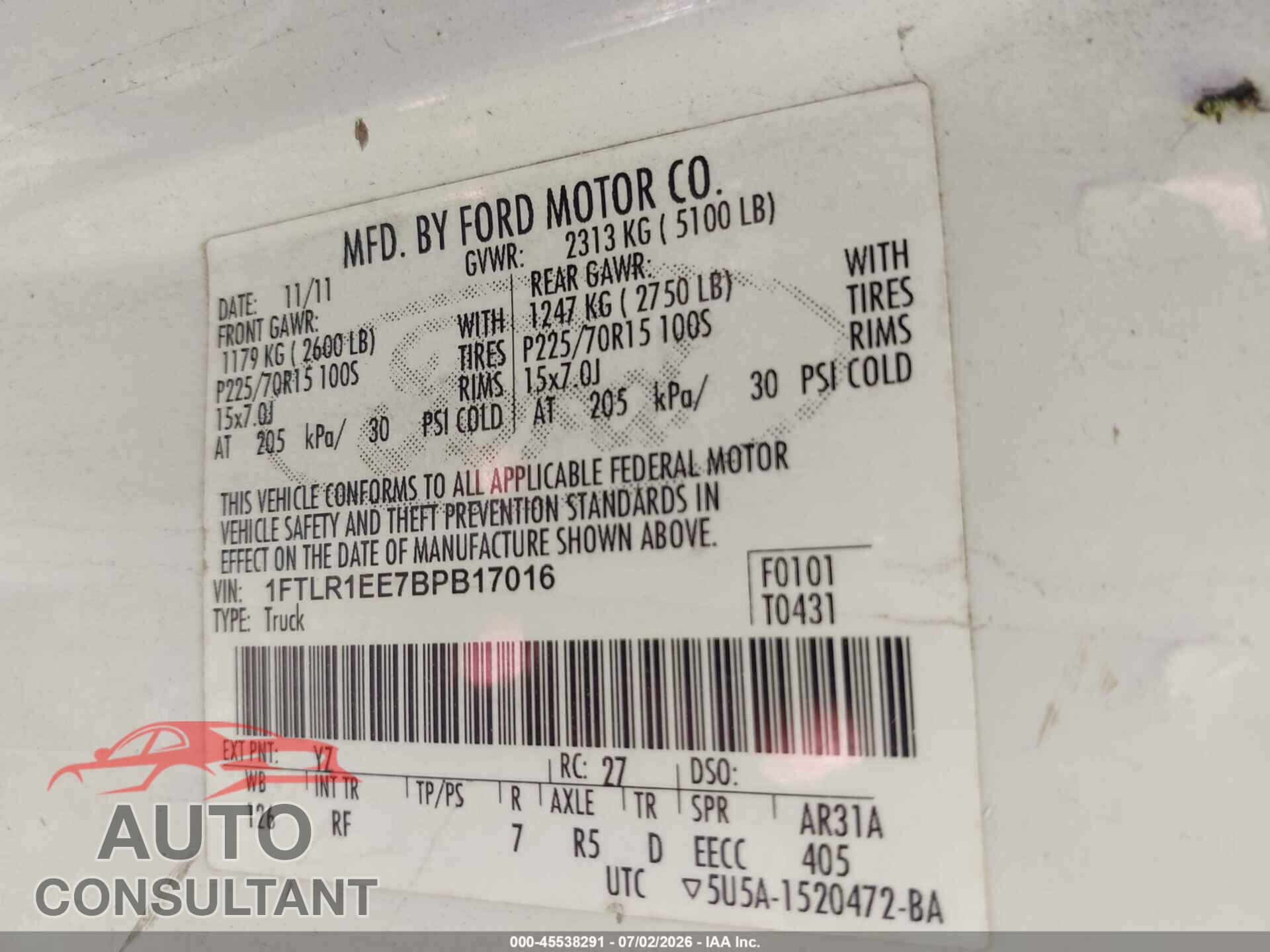 FORD RANGER 2011 - 1FTLR1EE7BPB17016