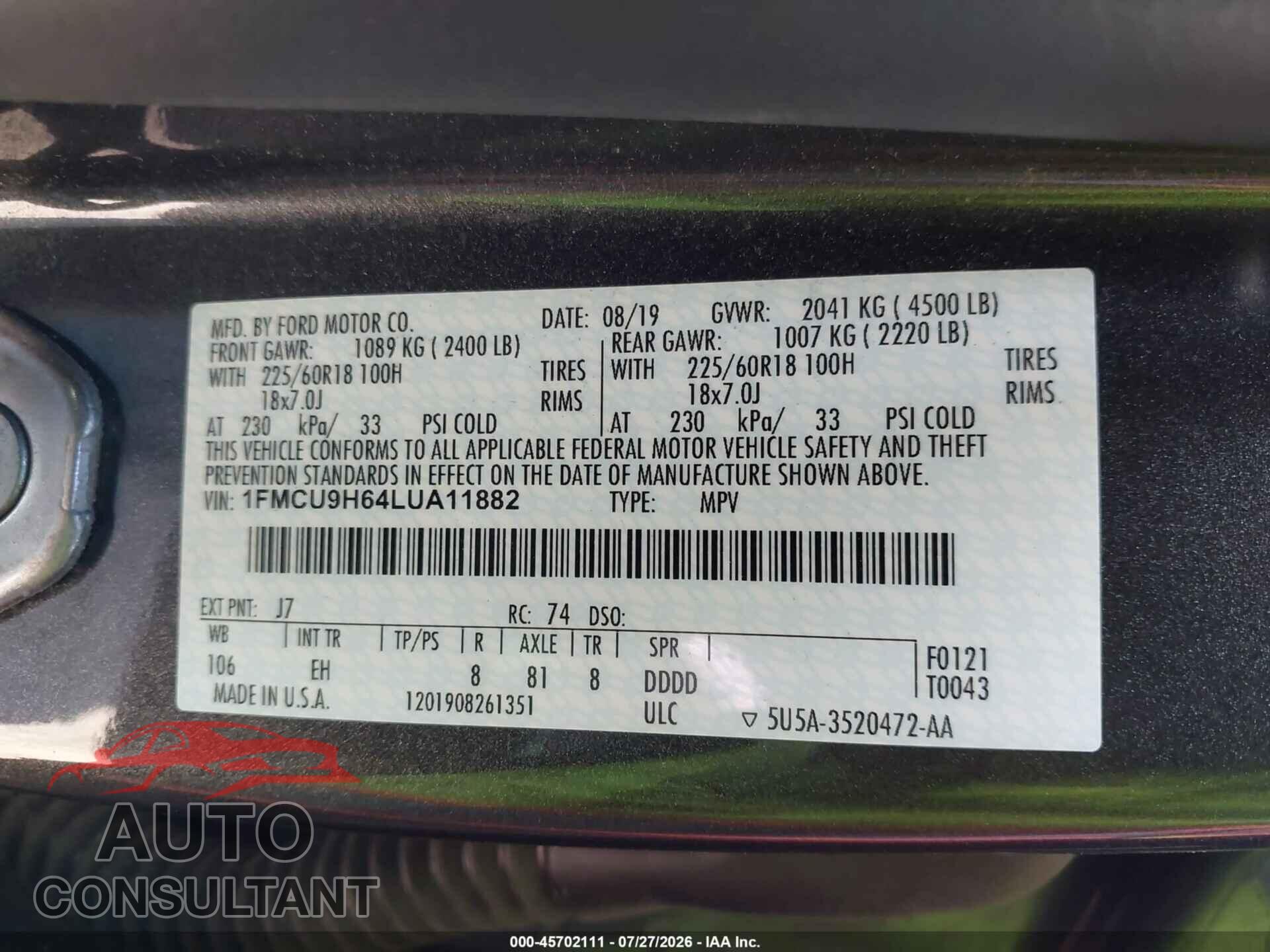 FORD ESCAPE 2020 - 1FMCU9H64LUA11882