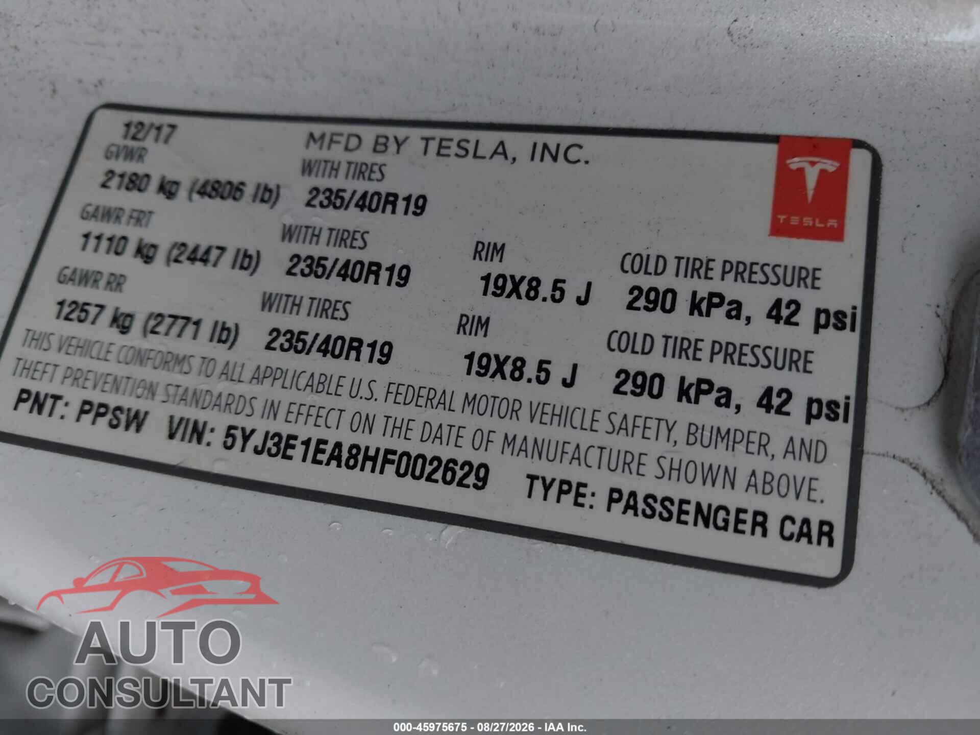 TESLA MODEL 3 2017 - 5YJ3E1EA8HF002629
