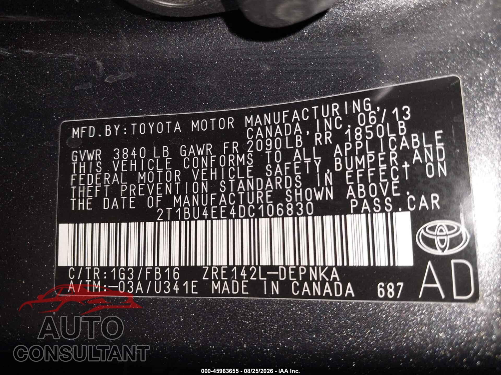 TOYOTA COROLLA 2013 - 2T1BU4EE4DC106830