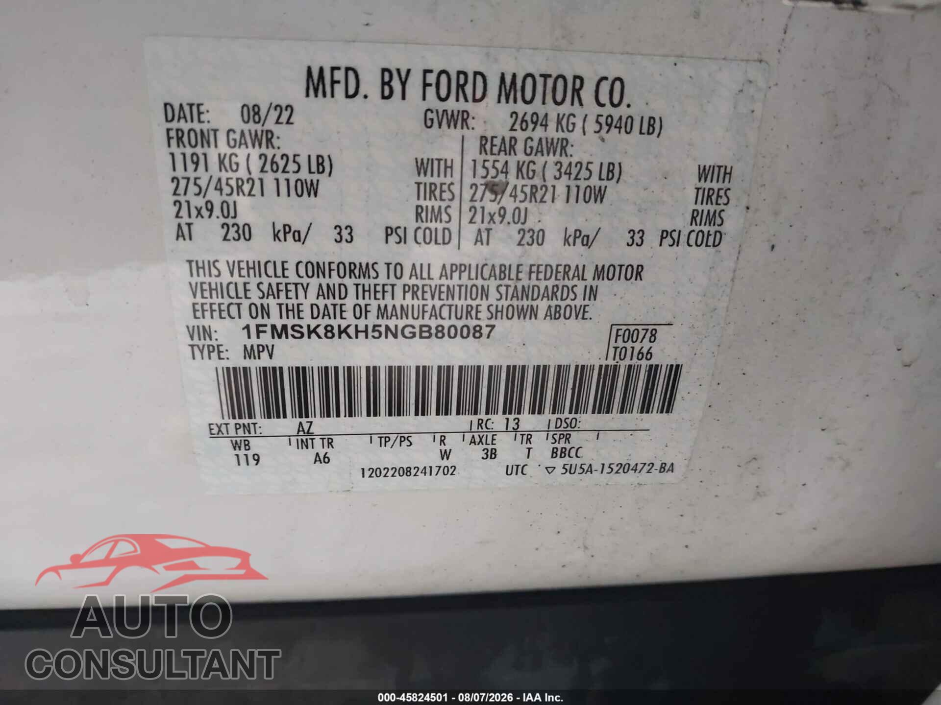 FORD EXPLORER 2022 - 1FMSK8KH5NGB80087