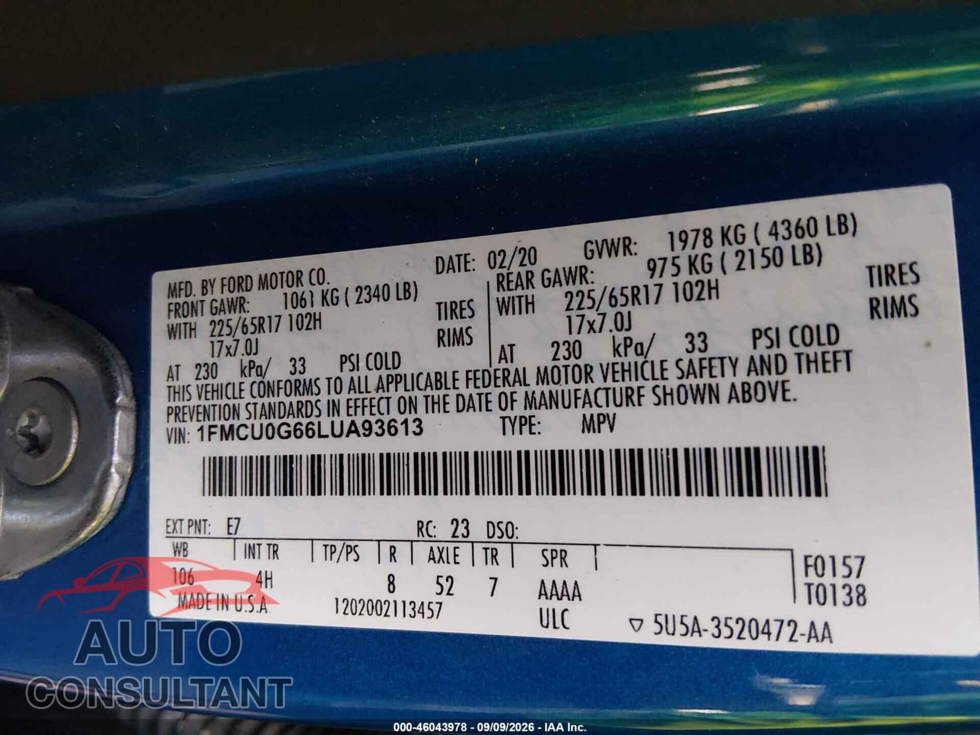 FORD ESCAPE 2020 - 1FMCU0G66LUA93613