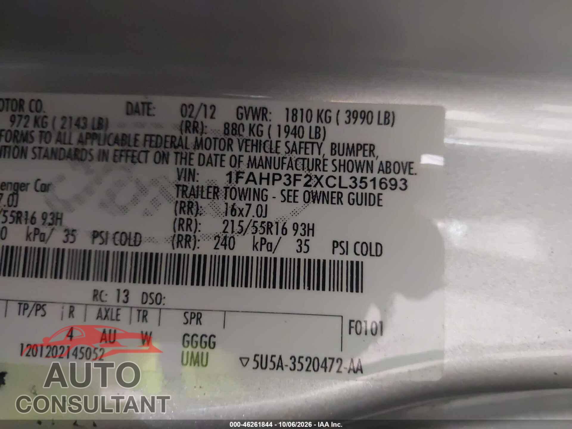 FORD FOCUS 2012 - 1FAHP3F2XCL351693