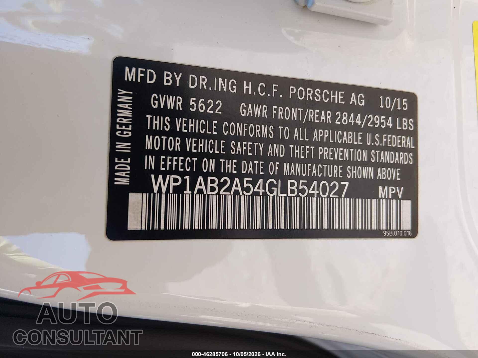 PORSCHE MACAN 2016 - WP1AB2A54GLB54027