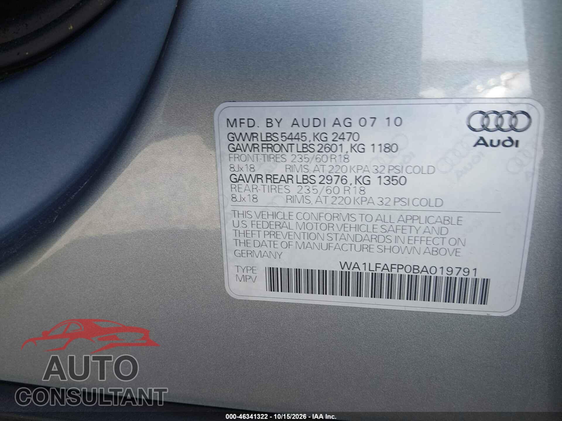AUDI Q5 2011 - WA1LFAFP0BA019791