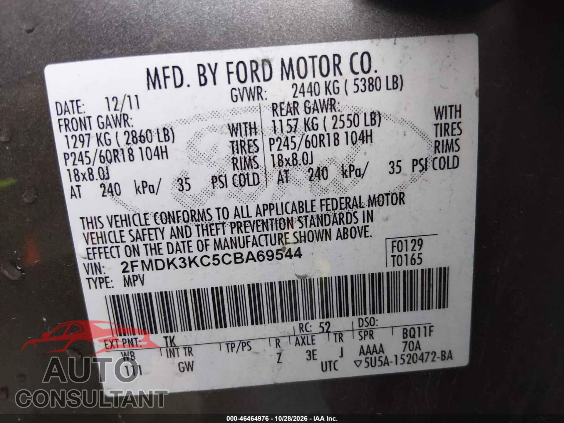FORD EDGE 2012 - 2FMDK3KC5CBA69544