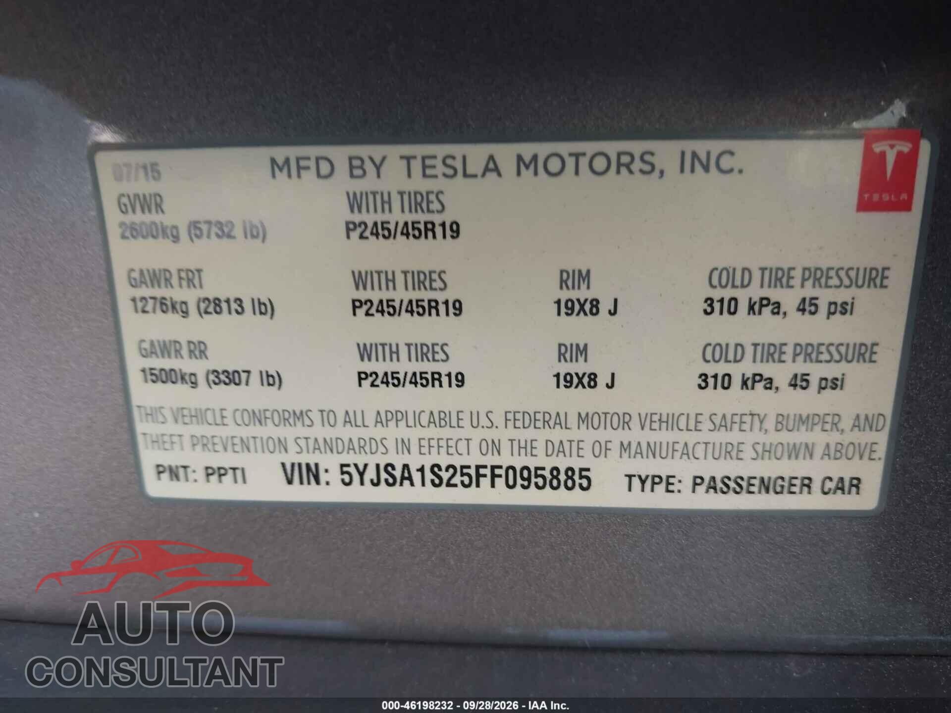 TESLA MODEL S 2015 - 5YJSA1S25FF095885